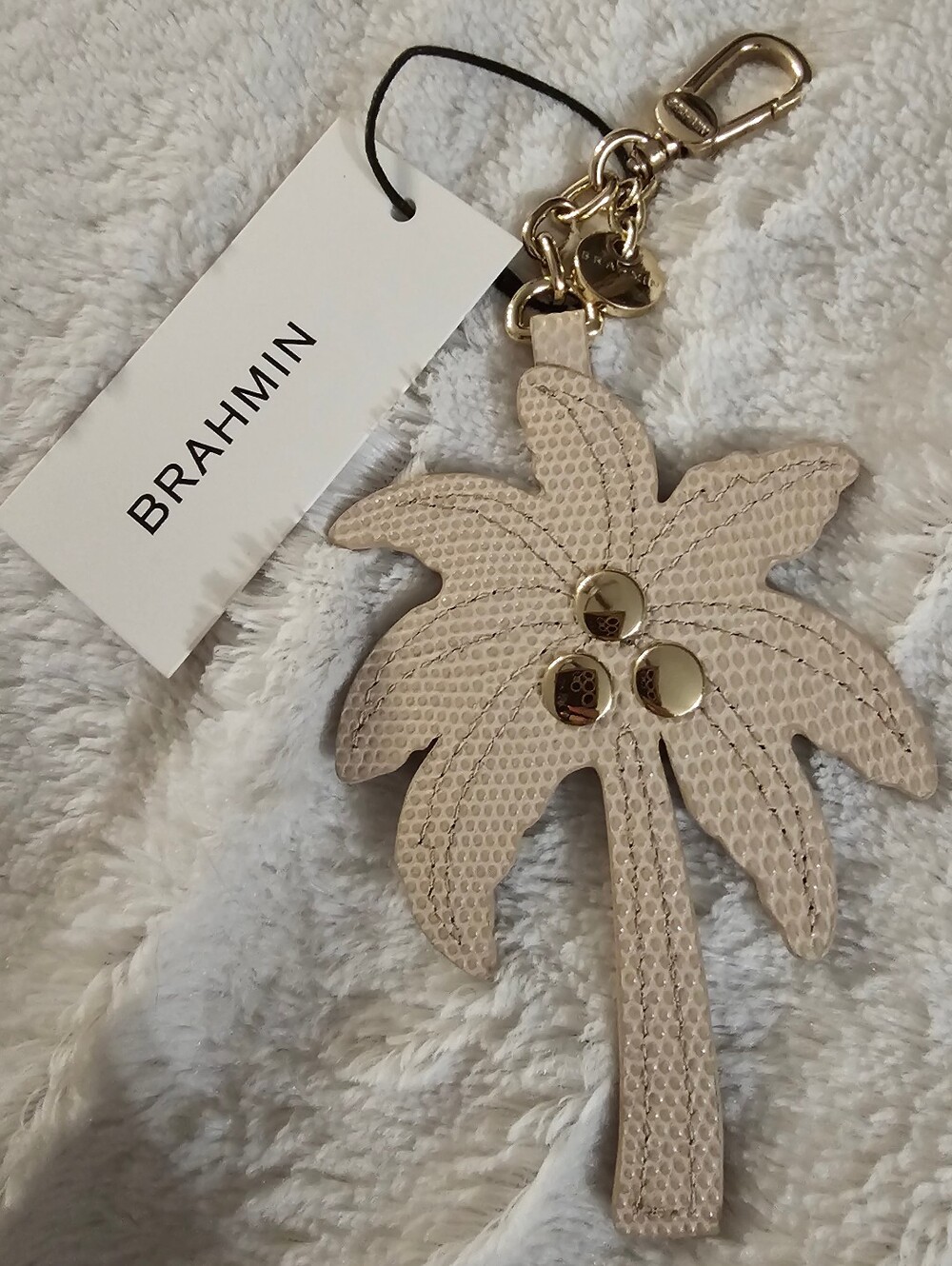Brahmin Palm Tree Genuine Leather Bag Charm Keychain NWT Green Gold Cream - Picture 2 of 7
